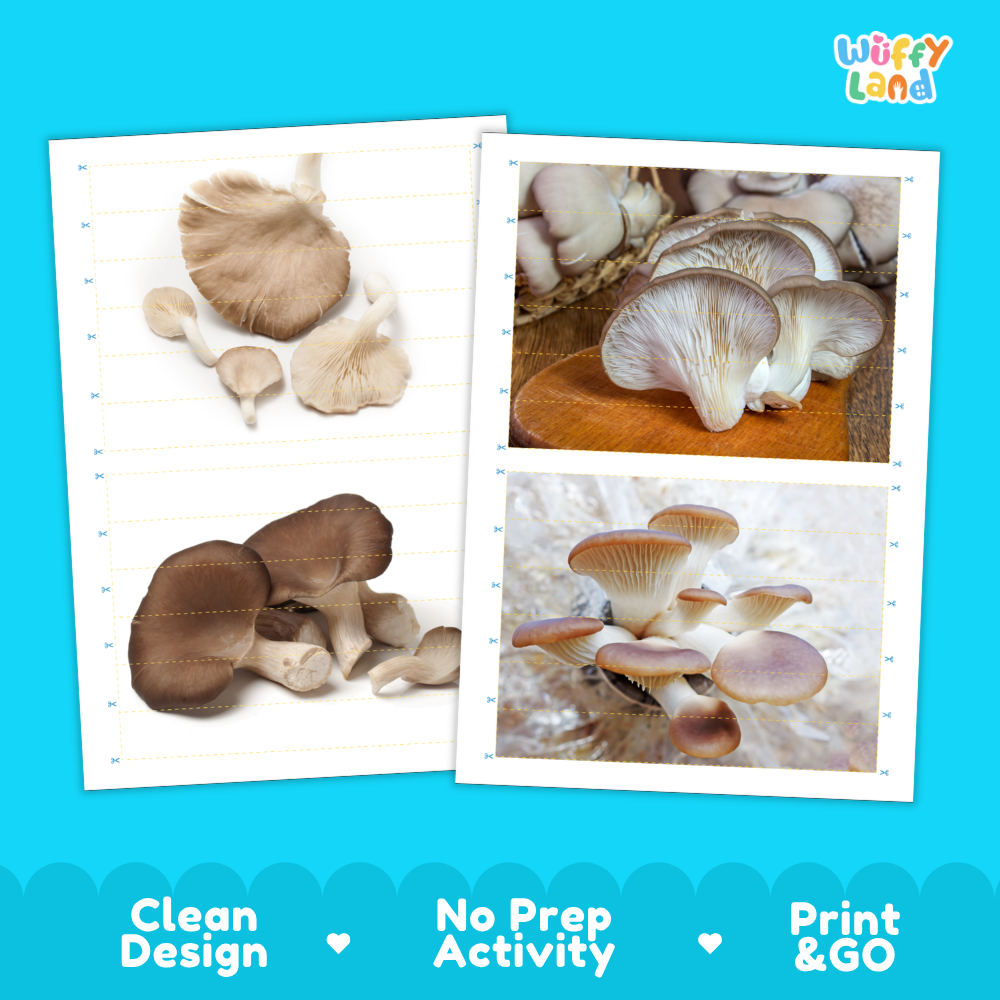 Printable activity sheets featuring photographic oyster mushroom puzzle boards and cutting guides