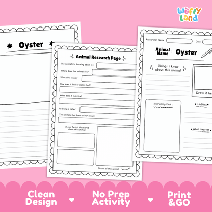 Oyster Animal Research Page Worksheets and Fact Sheet Activity