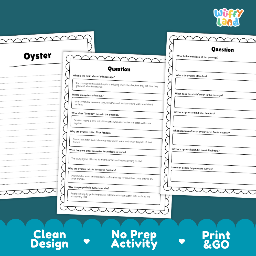 Three printable worksheet pages about an oyster displayed on a dark teal background with marketing text reading 'Clean Design', 'No Prep Activity', and 'Print & GO'. The sheets are white with black text and scalloped borders, and the top-right corner shows the 'Wiffly Land' brand logo.
