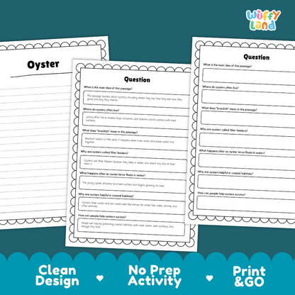 Three printable worksheet pages about an oyster displayed on a dark teal background with marketing text reading 'Clean Design', 'No Prep Activity', and 'Print & GO'. The sheets are white with black text and scalloped borders, and the top-right corner shows the 'Wiffly Land' brand logo.