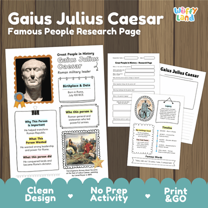 Educational worksheet set titled 'Gaius Julius Caesar Famous People Research Page' by Wiffly Land, shown on a wood background with three printable pages: a cover page, a writing page, and a timeline page. The design includes text fields, images, and decorative borders, with promotional text at the bottom reading 'Clean Design', 'No Prep Activity', and 'Print & GO'.