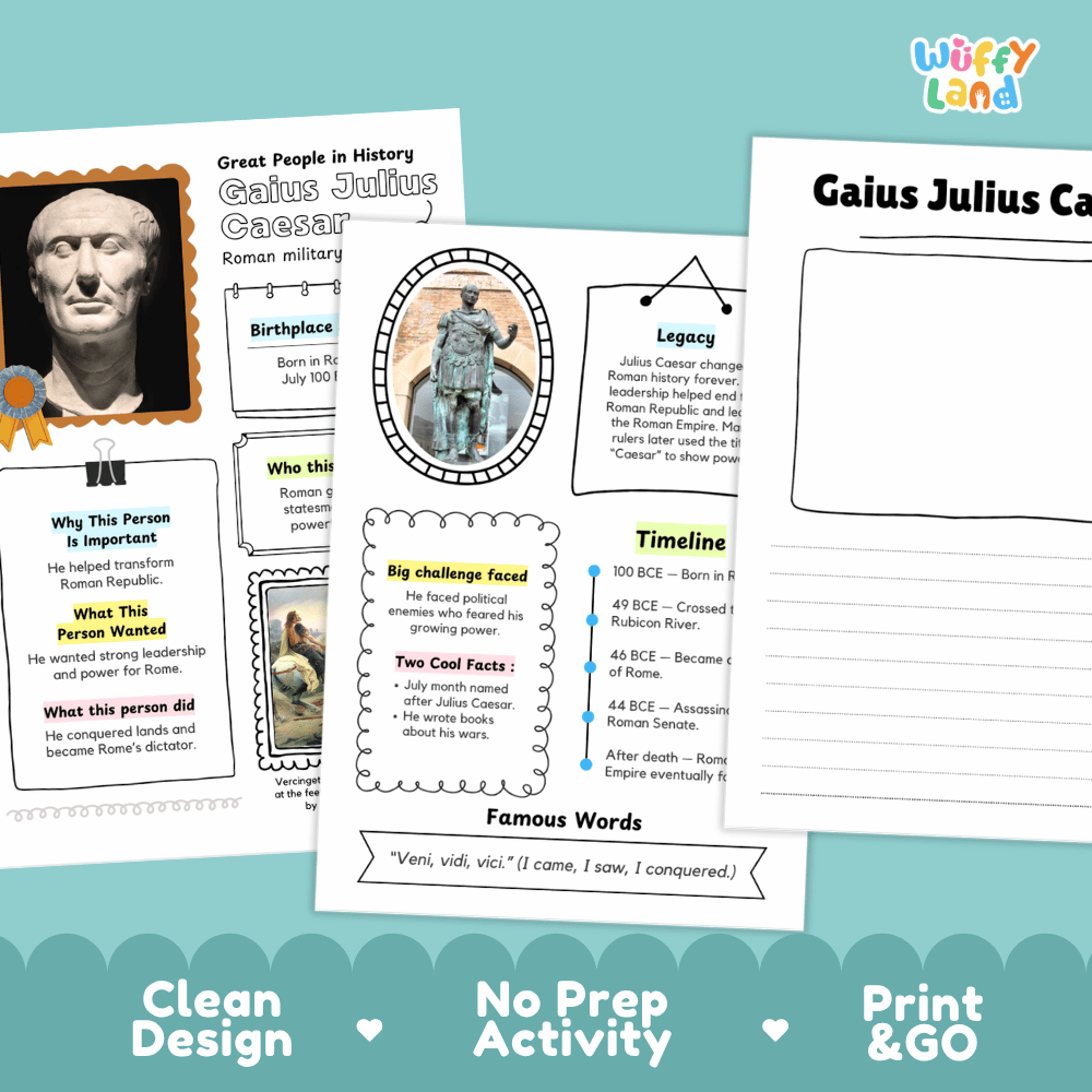Educational poster and worksheet set about Gaius Julius Caesar, shown on a white background with decorative teal wave accents. The set includes a printed poster with biographical text, images, and a timeline, plus a matching worksheet page.