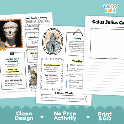 Educational poster and worksheet set about Gaius Julius Caesar, shown on a white background with decorative teal wave accents. The set includes a printed poster with biographical text, images, and a timeline, plus a matching worksheet page.