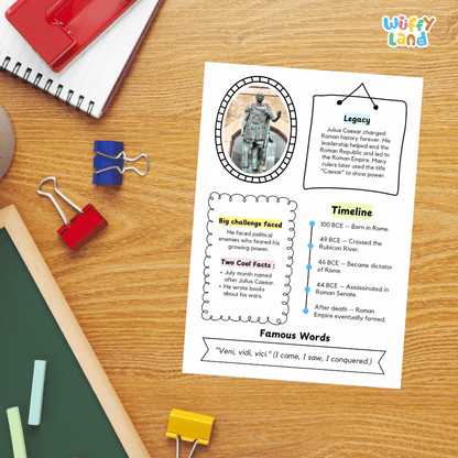 A printed educational poster about Julius Caesar laid on a wooden desk, surrounded by school supplies including a spiral notebook, binder clips, chalkboard, and green folder. The poster includes a small photo of Julius Caesar, text boxes, a timeline, and a famous words section.