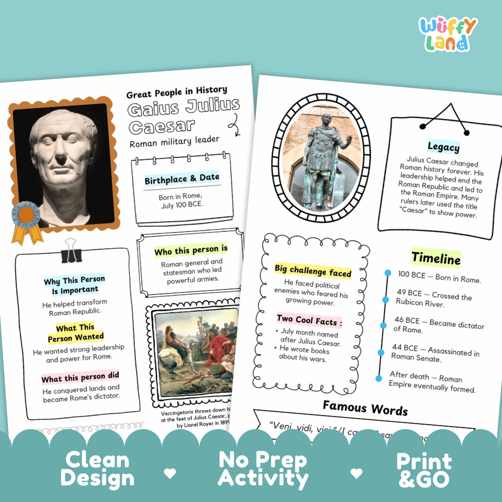 Two educational poster cards about Julius Caesar on a light blue background with heart icons and the text 'Clean Design', 'No Prep Activity', and 'Print & Go'. The cards include a portrait of Caesar, biographical text, a timeline, and a famous words section.