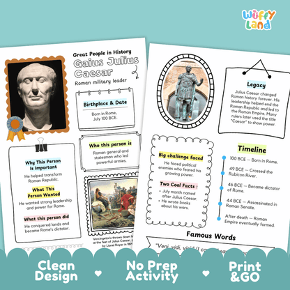 Two educational poster cards about Julius Caesar on a light blue background with heart icons and the text 'Clean Design', 'No Prep Activity', and 'Print & Go'. The cards include a portrait of Caesar, biographical text, a timeline, and a famous words section.
