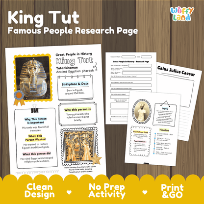 A product listing graphic for a 'King Tut Famous People Research Page' educational activity sheet by 'Wiffly Land'. The graphic shows three printable pages laid out on a dark wood background: a main page about King Tut, a worksheet about Caius Julius Caesar, and a timeline page.