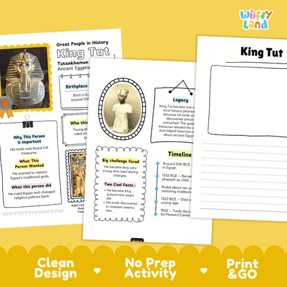 Three educational activity sheets about King Tut from the brand Willyfy Land, displayed on a light gray background with decorative corner accents. The sheets feature text boxes, timelines, and a blank drawing area, labeled as 'Clean Design', 'No Prep Activity', and 'Print & GO'.