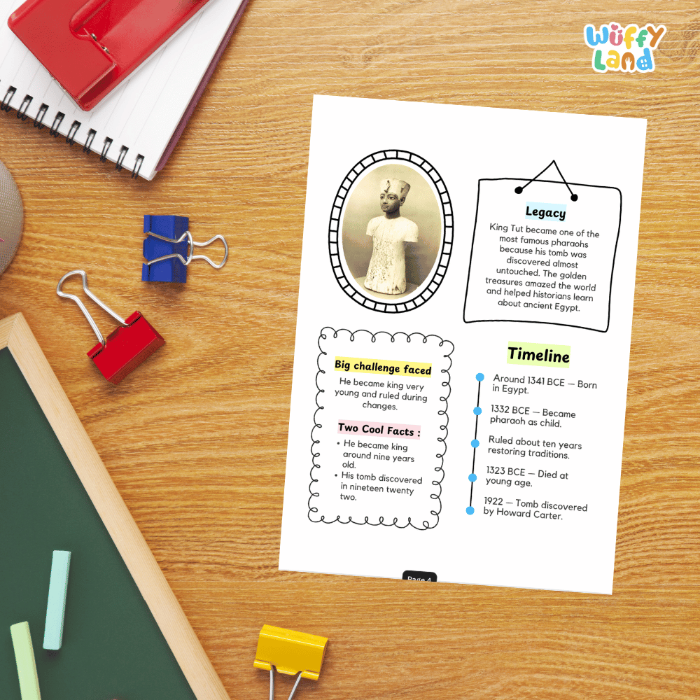 A printed educational poster about King Tut laid on a wooden desk, surrounded by school supplies including a spiral notebook, red binder clips, chalk, and a green board. The poster includes text boxes, a timeline, and a small portrait of King Tut.