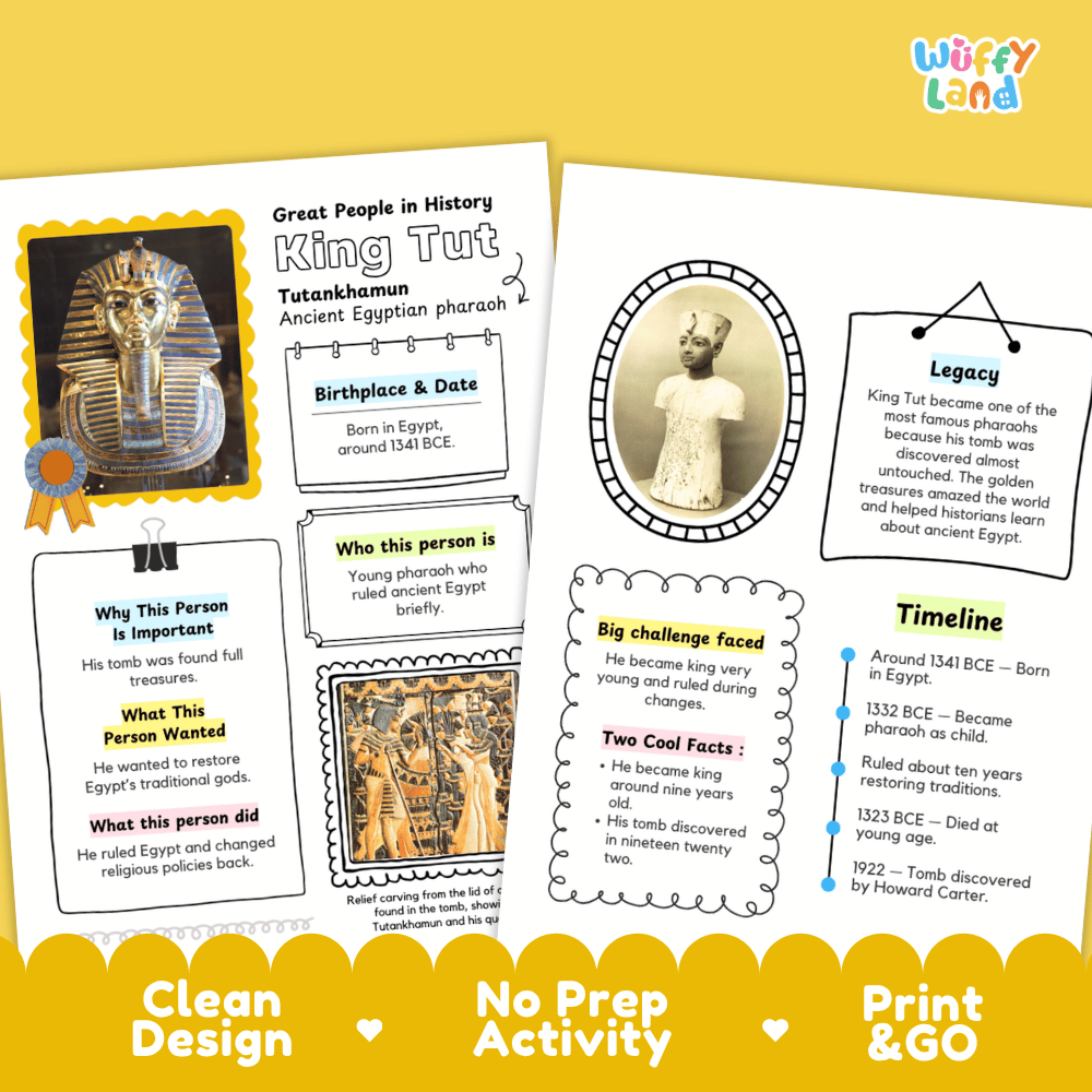 Two educational activity sheets about King Tut from 'Great People in History' by Wiffy Land, displayed side-by-side on a white background with yellow decorative banners at the bottom.