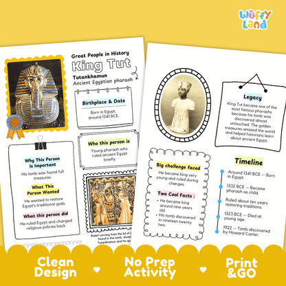 Two educational activity sheets about King Tut from 'Great People in History' by Wiffy Land, displayed side-by-side on a white background with yellow decorative banners at the bottom.