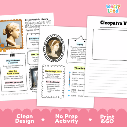 Three educational activity sheets about Cleopatra V from Wiffy Land, displayed on a white background with a pink banner at the bottom reading 'Clean Design', 'No Prep Activity', and 'Print & GO'.
