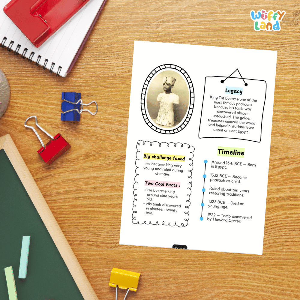 A printed educational poster about King Tut laid on a wooden desk, surrounded by school supplies including a spiral notebook, red binder clips, chalk, and a green board. The poster includes text boxes, a timeline, and a small portrait of King Tut.