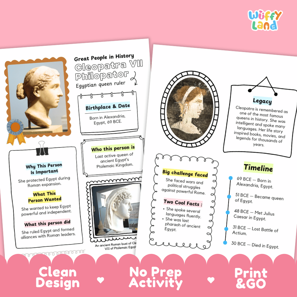 Two educational activity sheets about Cleopatra VII Philopator displayed on a pink background. The sheets feature a portrait, text sections, a circular map, and a timeline, with promotional text at the bottom reading 'Clean Design', 'No Prep Activity', and 'Print & Go'.