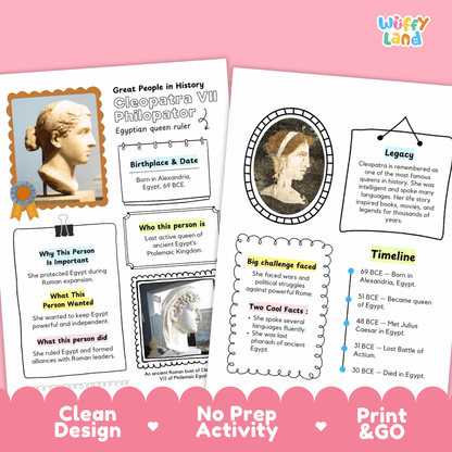 Two educational activity sheets about Cleopatra VII Philopator displayed on a pink background. The sheets feature a portrait, text sections, a circular map, and a timeline, with promotional text at the bottom reading 'Clean Design', 'No Prep Activity', and 'Print & Go'.