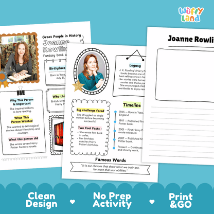 Educational activity sheets for teaching about Joanne Rowling, shown as a printable worksheet and matching cards on a light blue background with decorative wave borders and the text 'Clean Design', 'No Prep Activity', and 'Print & GO'.