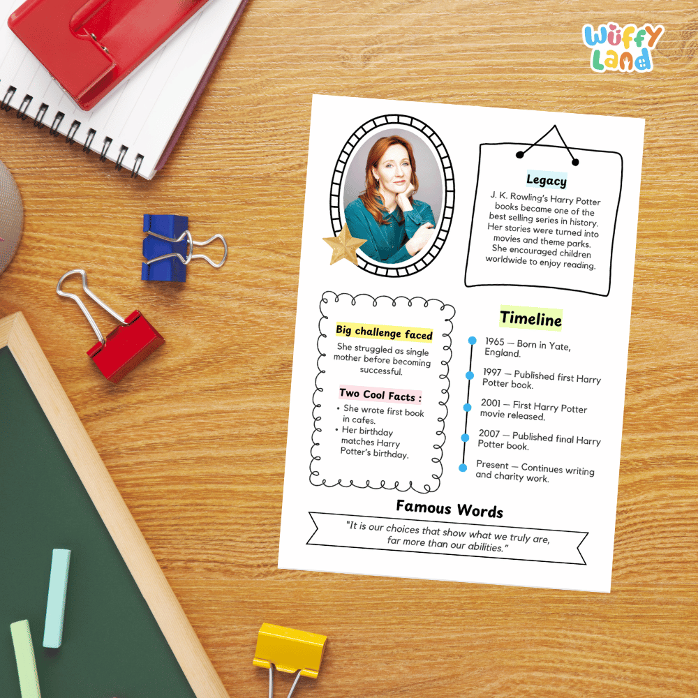 A printed Harry Potter-themed educational poster displayed on a wooden desk, surrounded by school supplies including a spiral notebook, binder clips, chalkboard, and colored pencils.