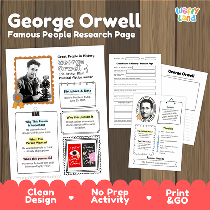 A product listing graphic for a George Orwell themed educational activity page set by Wiffy Land. The graphic shows three printable worksheet pages laid out on a brown wood-grain background, with promotional text at the top and bottom highlighting 'Clean Design', 'No Prep Activity', and 'Print & GO'.