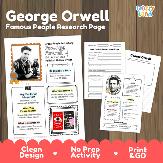 A product listing graphic for a George Orwell themed educational activity page set by Wiffy Land. The graphic shows three printable worksheet pages laid out on a brown wood-grain background, with promotional text at the top and bottom highlighting 'Clean Design', 'No Prep Activity', and 'Print & GO'.