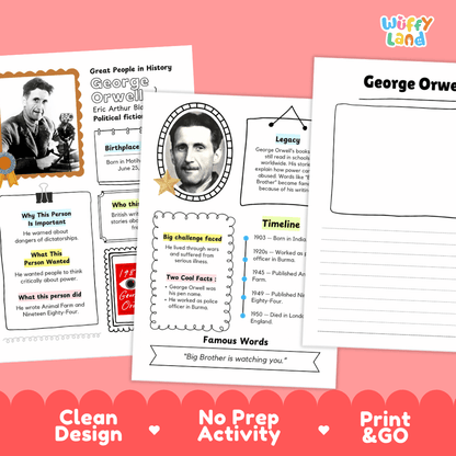 Two printable educational activity sheets about George Orwell displayed on a pink background with decorative hearts and the text 'Clean Design', 'No Prep Activity', and 'Print & GO'. The sheets include a portrait photo, text boxes, a timeline section, and a writing prompt box.