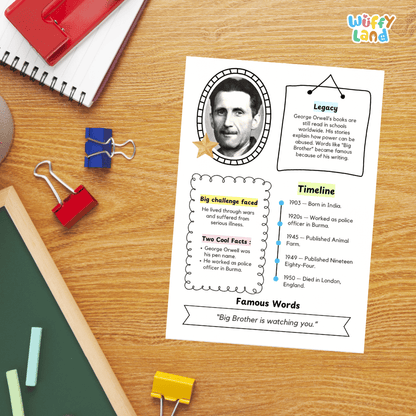 A printed educational worksheet about George Orwell displayed on a wooden desk, surrounded by school supplies including a red notebook, blue and red binder clips, a green chalkboard, and a pencil. The worksheet features a portrait of George Orwell, text boxes, and a timeline.