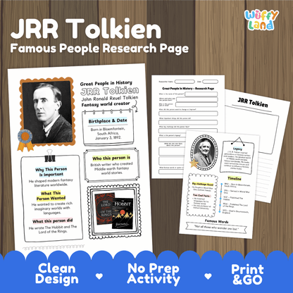 JRR Tolkien Famous People Research Page educational worksheet set by Wiffy Land, shown on a dark wood background with three preview pages and marketing text at the bottom.