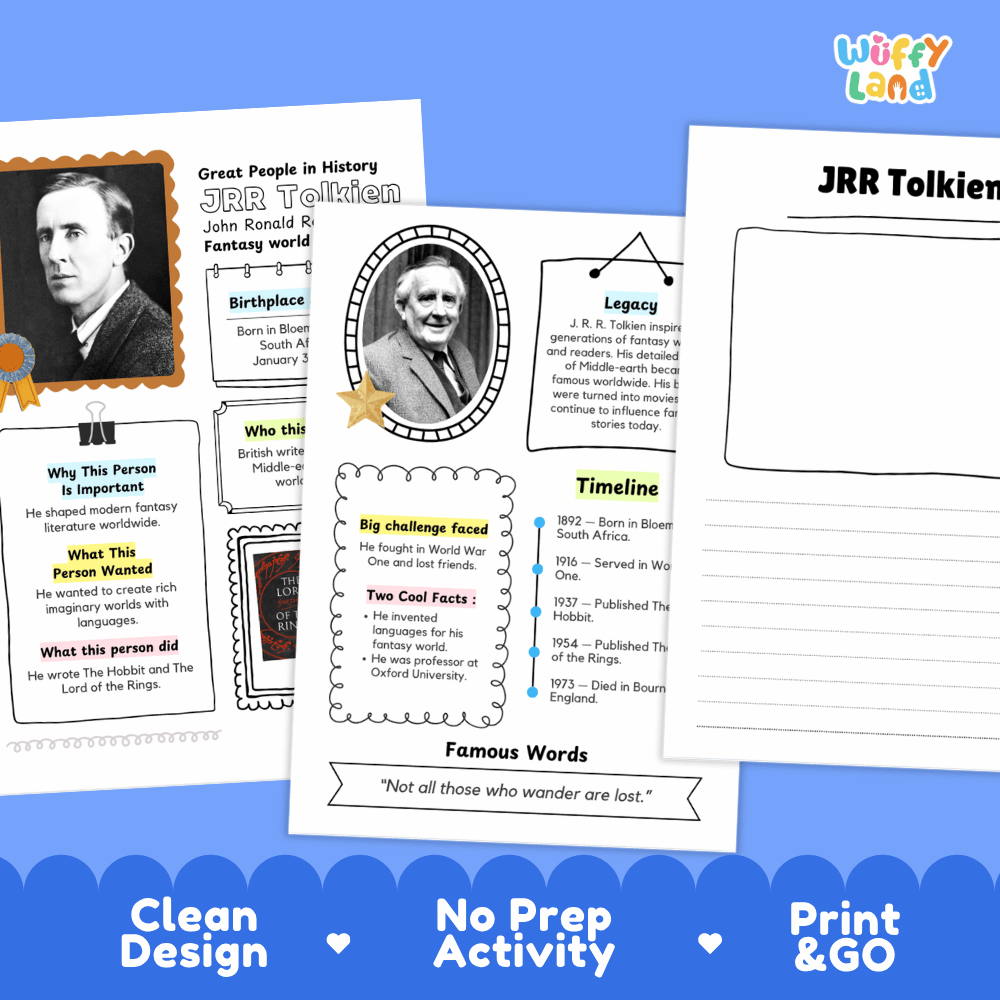 Two printable educational activity sheets about J.R.