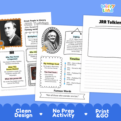 Two printable educational activity sheets about J.R.