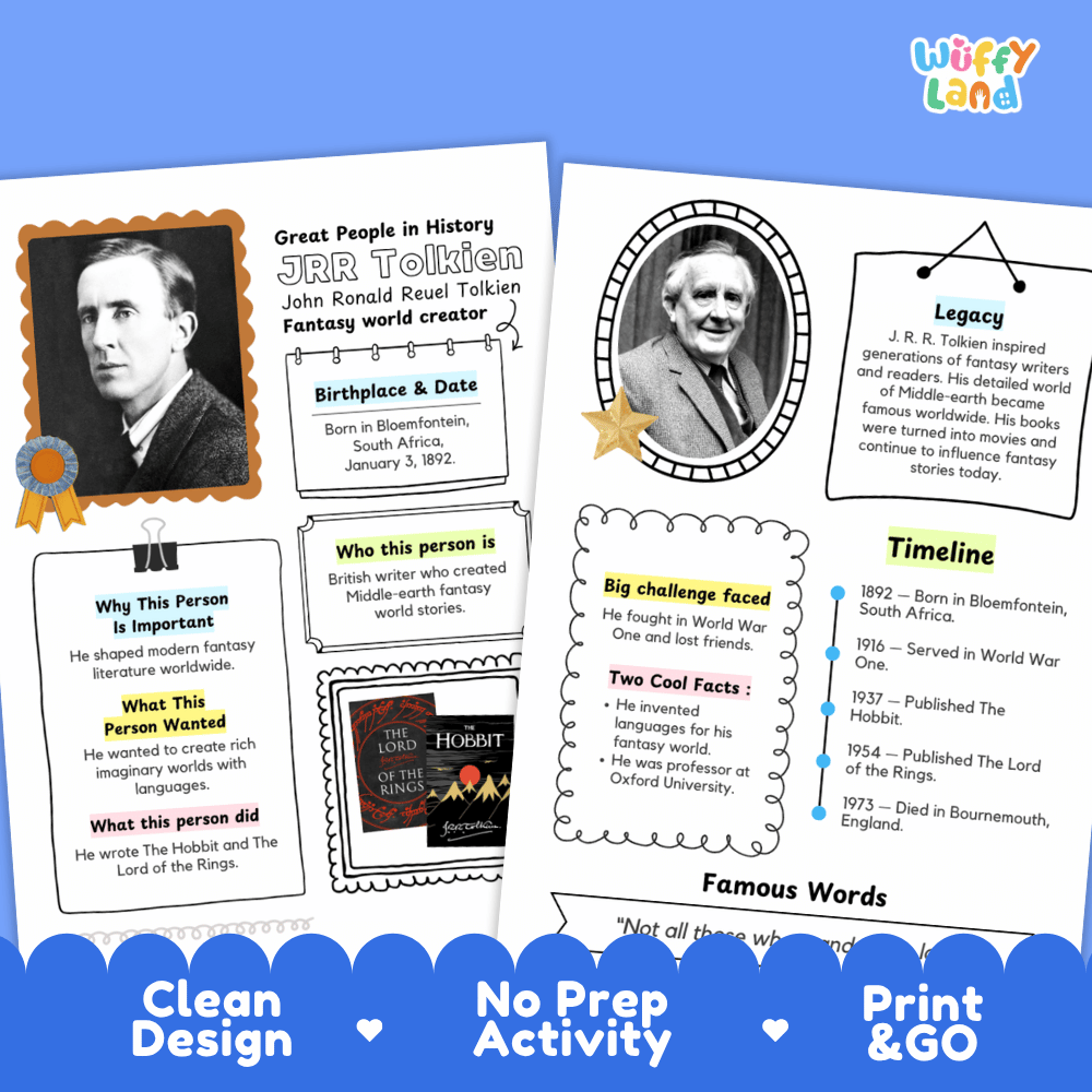Two printable educational activity sheets about J.R.