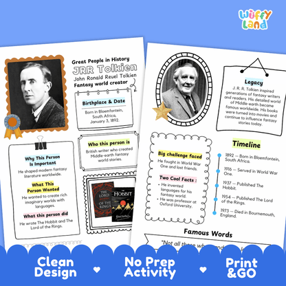 Two printable educational activity sheets about J.R.