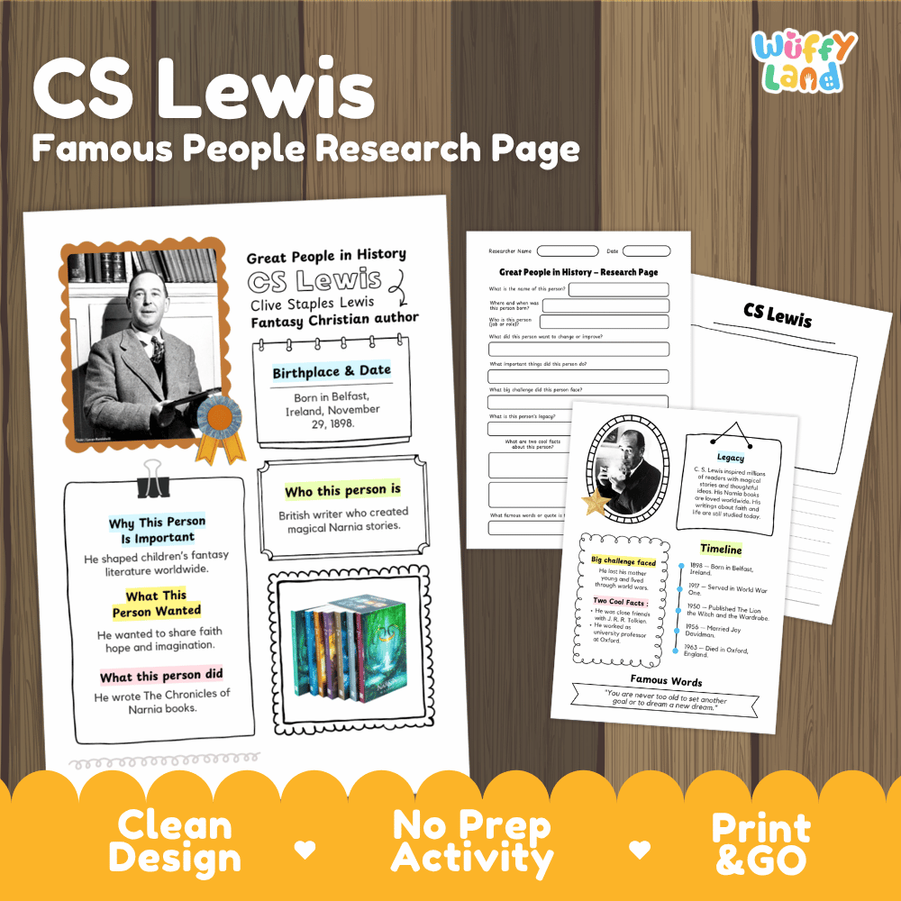 Print-and-go CS Lewis Famous People Research Page activity sheet set by Wiffy Land, featuring a white worksheet page with black text and illustrations alongside a black-and-white portrait page, displayed on a wood background with promotional text at the bottom.