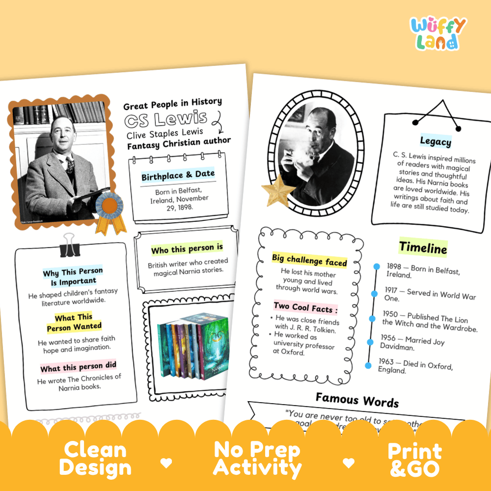 Two printed educational activity sheets about CS Lewis from 'Great People in History' displayed on a warm beige background with an orange banner reading 'Clean No Prep Activity Print & Go'. The sheets contain text, timelines, and character details, with a small 'wiffly land' logo in the top right.