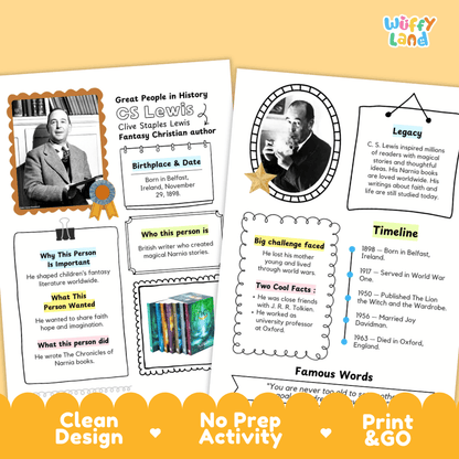 Two printed educational activity sheets about CS Lewis from 'Great People in History' displayed on a warm beige background with an orange banner reading 'Clean No Prep Activity Print & Go'. The sheets contain text, timelines, and character details, with a small 'wiffly land' logo in the top right.