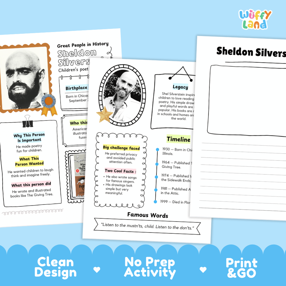 Three printable educational activity sheets about the poet Sheldon Silvers, shown on a light gray background with decorative blue wave accents and the text 'Clean Design', 'No Prep Activity', and 'Print & GO'. The sheets include a portrait photo, a biography layout, a timeline, and a blank writing frame.