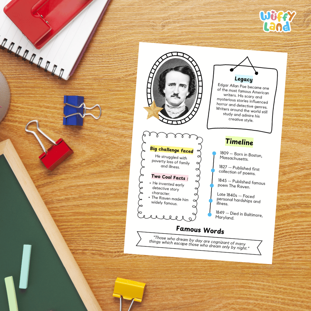 An educational poster about Edgar Allan Poe displayed on a wooden desk, surrounded by school supplies including a spiral notebook, binder clips, a chalkboard, and a red notebook.