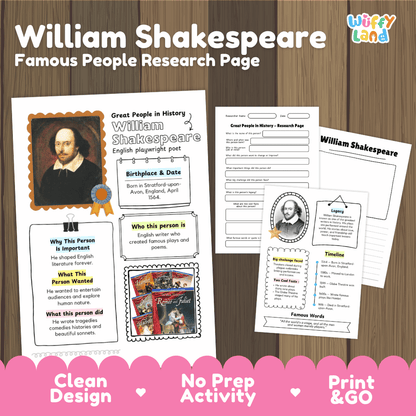 Educational worksheet bundle for William Shakespeare featuring a research page and activity sheets, displayed on a wood background with a pink banner reading 'Clean Design No Prep Activity Print & GO' and the 'Wiffy Land' logo.