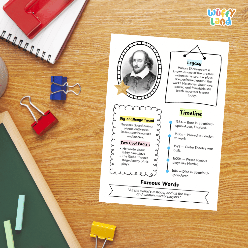A printed educational worksheet about William Shakespeare laid on a wooden desk, surrounded by school supplies including a spiral notebook, binder clips, chalkboard, and pencil.