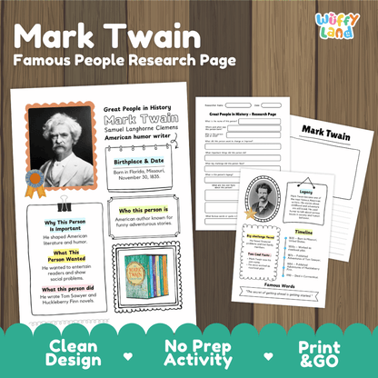 Mark Twain Famous People Research Page Worksheets