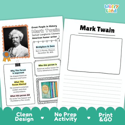 Mark Twain Famous People Research Page Worksheets