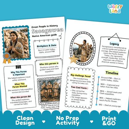 Two printed educational poster pages about Sacagawea displayed on a white background with a soft shadow. The pages feature a clean, colorful layout with text sections, timelines, and biographical facts, along with small historical photos.