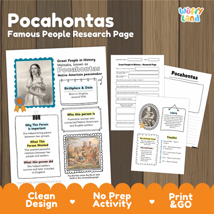 Pocahontas Famous People Research Page Graphic Organizer and Biography Worksheets