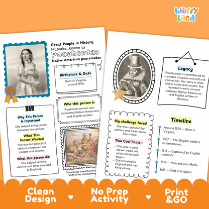 Two printable educational poster cards about Pocahontas displayed on an orange background. The cards feature a clean, colorful design with text boxes, borders, and icons, and are labeled 'Print & Go' at the bottom.