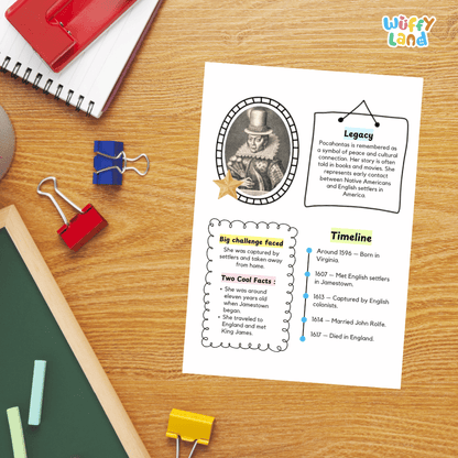 A printed educational poster about Pocahontas laid on a wooden desk, surrounded by school supplies including a spiral notebook, red and blue binder clips, chalk, and a green board. The poster has text boxes, a timeline, and an illustration of Pocahontas wearing a top hat.