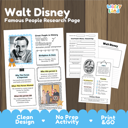 Walt Disney Famous People Research Page educational worksheet set by Wiffly Land, featuring printable pages with text, photos, and fill-in activities on a wood background with promotional text at the bottom.