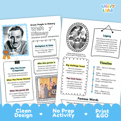 Walt Disney Biography Research Project and Worksheets - Famous People in History