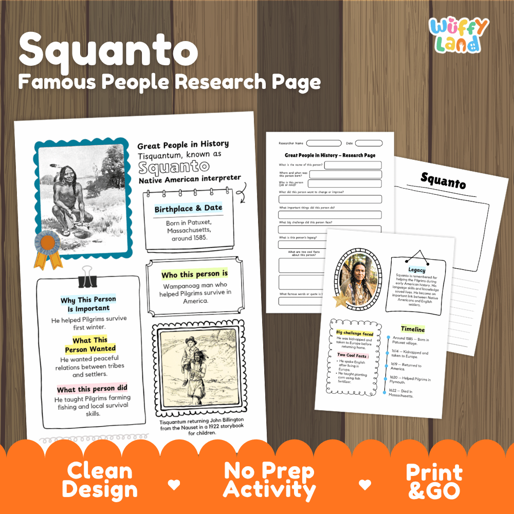 Squanto Biography Research Project and Worksheets - Famous People in History