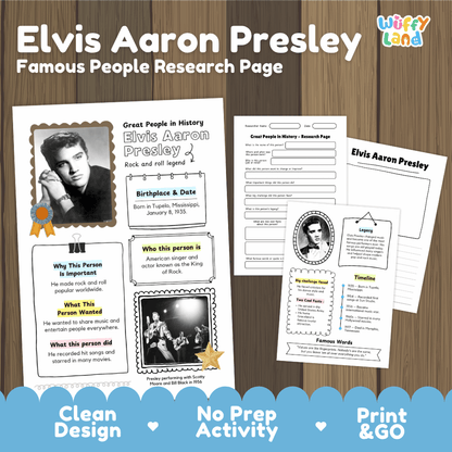 Elvis Aaron Presley Famous People Research Page activity sheet set by Wiffly Land, featuring printable worksheet pages on a wood background with a blue banner at the bottom.
