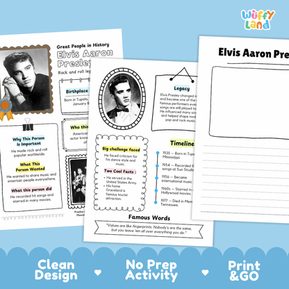 Elvis Aaron Preacher activity sheet and worksheet set by Wiffy Land, featuring a colorful educational poster and a blank print-and-go template on a light blue background with decorative wave borders.
