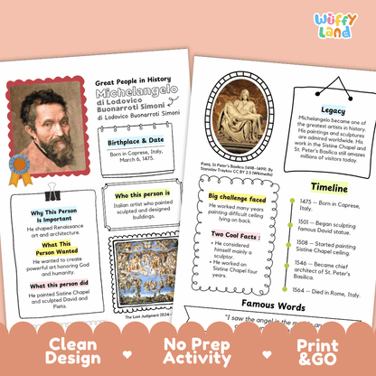 Michelangelo Famous People Biography Research Pages and Worksheets