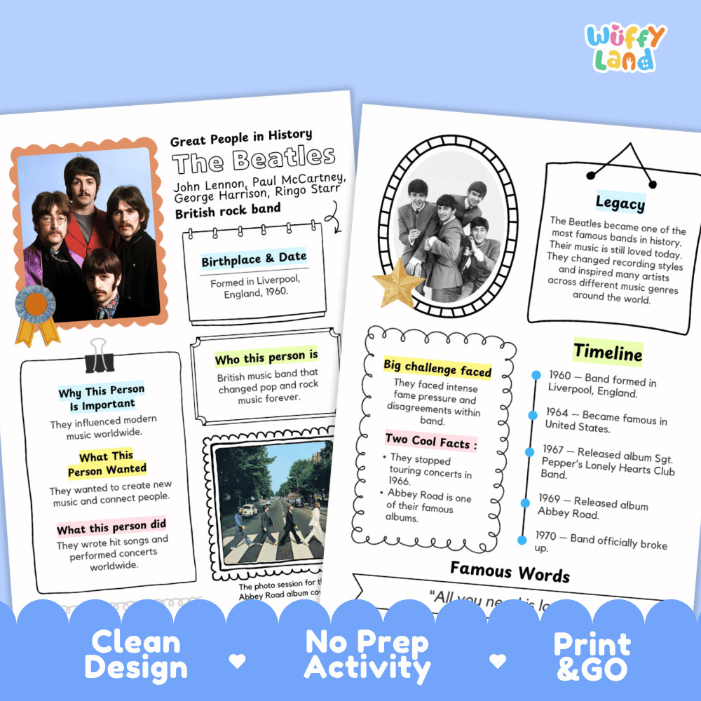 Educational activity sheet about The Beatles, featuring printed cards with photos, text boxes, timelines, and fact bubbles on a blue background with the text 'Clean Design', 'No Prep Activity', and 'Print & Go'.